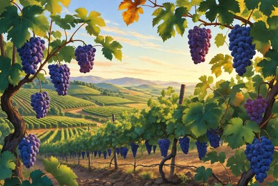 Purple Grapes Vineyard Sunset Landscape