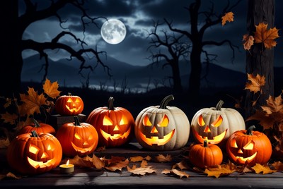 Jack-o'-lanterns on autumn leaves at night