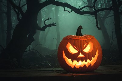 Jack-o'-lantern in foggy forest