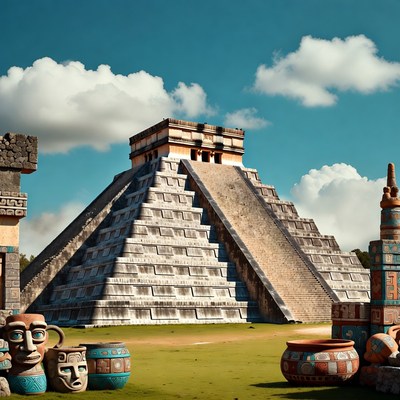 Mayan Pyramid in Lush Grassland