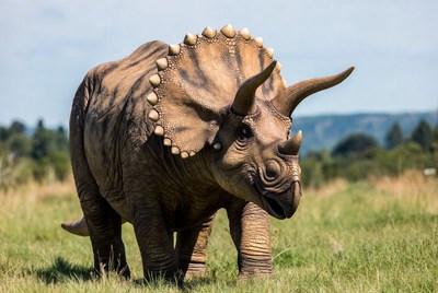 Triceratops dinosaur in grassy field