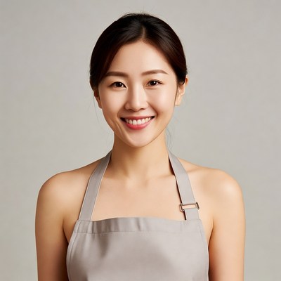 Asian woman wearing gray apron