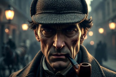 Sherlock Holmes smoking pipe on street
