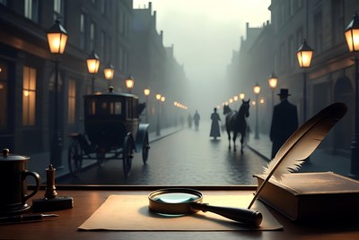Victorian Detective Desk with Foggy Street View