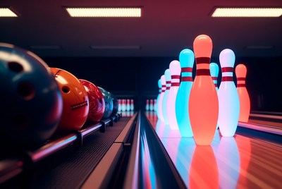 Colorful Bowling Pins and Balls on Lane