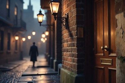 Man walking in foggy Victorian alley