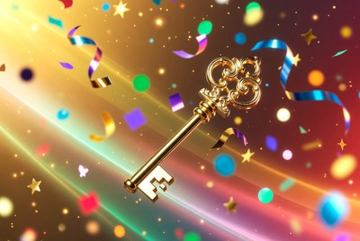 Golden Key with Confetti and Stars