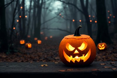 Jack-o'-lantern on stump in foggy forest
