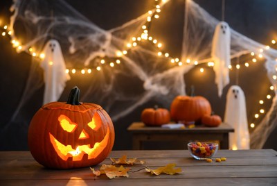 Lit Jack-o-Lantern on Halloween Table