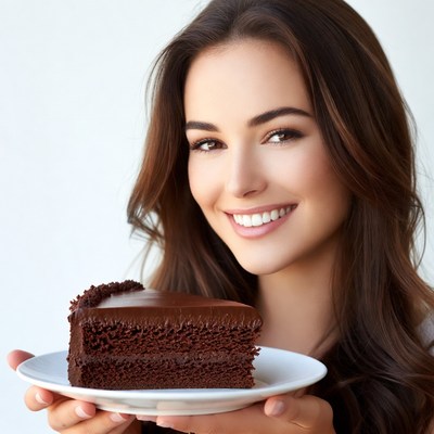 Woman holding chocolate cake slice