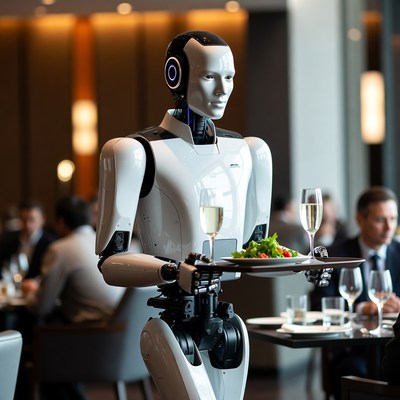 Robot serving salad and champagne