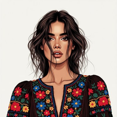Woman in embroidered floral blouse