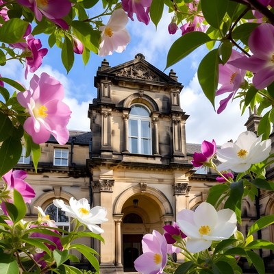 Victorian Building Framed by Pink Flowers