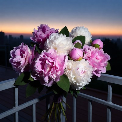 Pink and White Peony Bouquet at Sunset