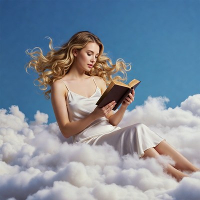 Blonde woman reading book on clouds