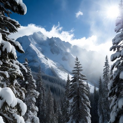 Snowy Mountain Peak with Pine Trees