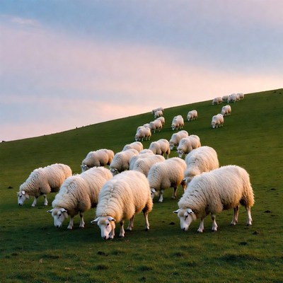 Herd of sheep grazing on green hill