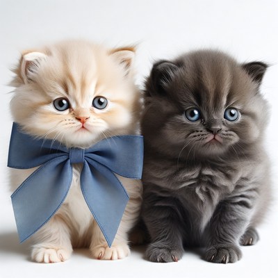 Cream and Gray Kittens with Blue Bows