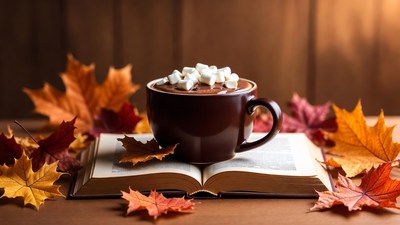 Hot Cocoa Mug with Marshmallows and Autumn Leaves