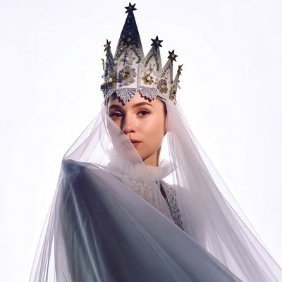 Woman in silver star crown and white veil