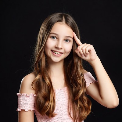 Girl pointing finger to temple