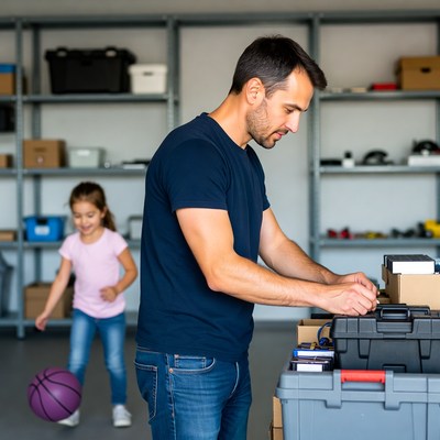 Father and daughter in garage with basketball