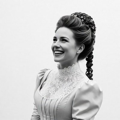 Woman in Victorian lace dress smiling
