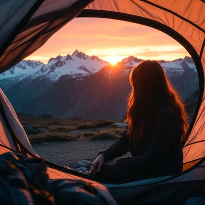 Woman in tent viewing sunset mountains