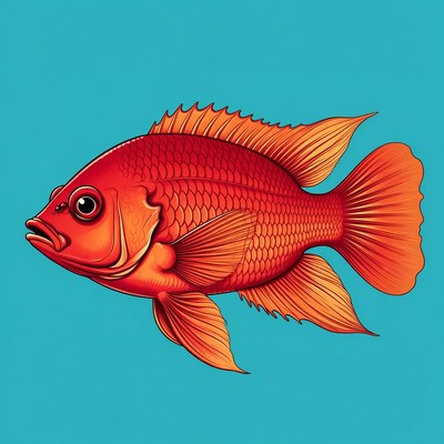 Red Cichlid Fish on Blue Background