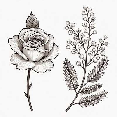 Line Art Rose and Mimosa Branches