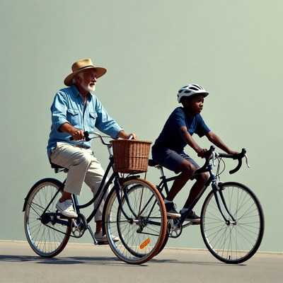 Elderly man and boy biking together