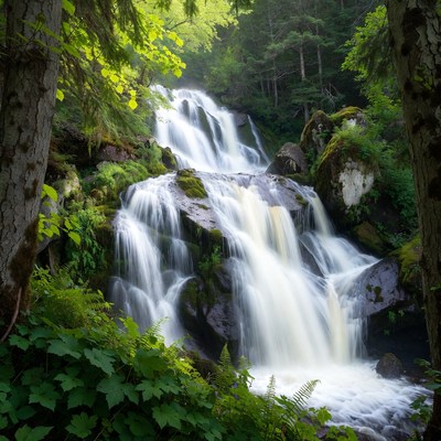 Waterfall cascading in lush forest