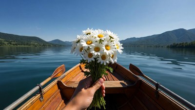 Hand holding daisies in wooden boat
