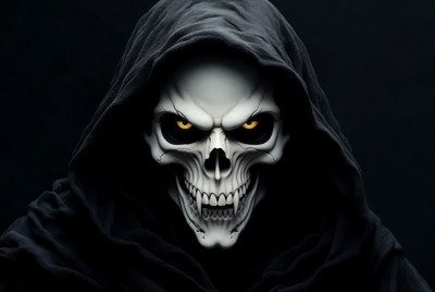Skull in Black Hood with Glowing Eyes