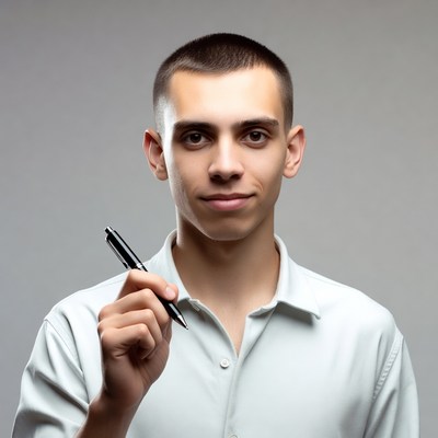Young man holding black pen