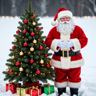 Santa Claus standing by Christmas tree