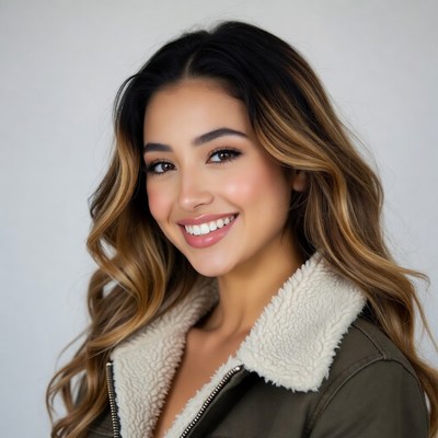 Smiling woman in fur collar jacket