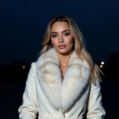Blonde woman in white fur coat