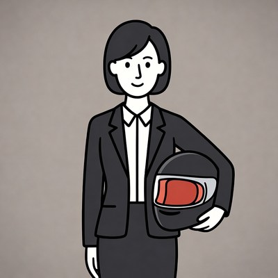 Woman in suit holding helmet