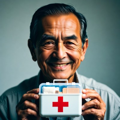 Asian man holding first aid kit