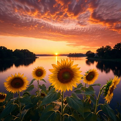 Sunflowers at Sunset over Lake