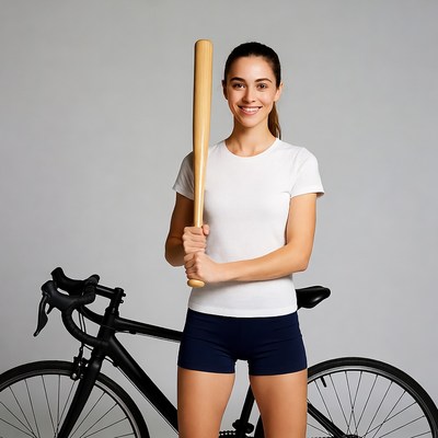 Woman holding baseball bat by bike