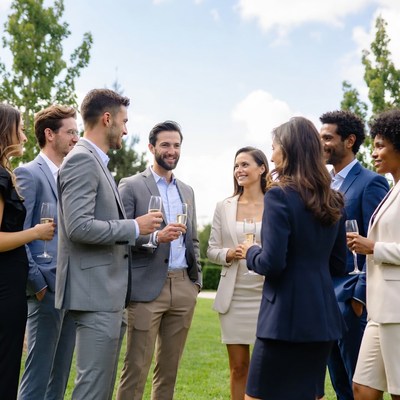 Business professionals toasting champagne outdoors