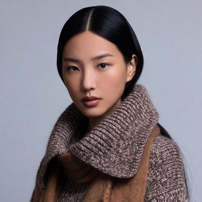 Asian woman in brown knit sweater
