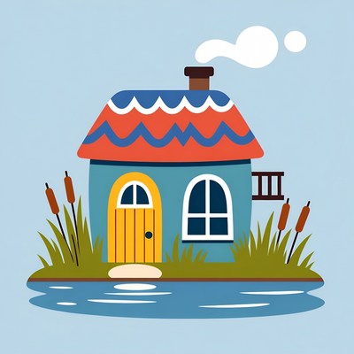 Colorful house on island with reeds