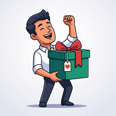 Man celebrating with big gift box