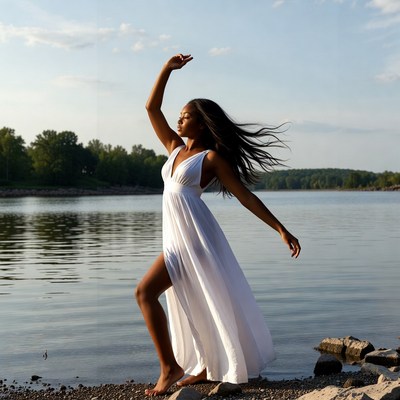 Black woman dancing in white dress by lake