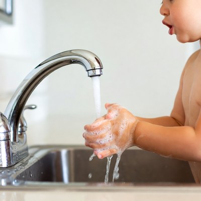 Toddler washing hands at sink