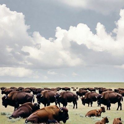 Herd of bison on grassy plain