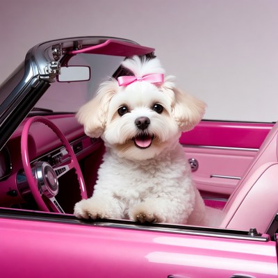 White Shih Tzu puppy in pink convertible